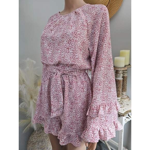 PINCH White & Red Floral Long Ruffles Sleeve Open Ties Back Romper Size Small - Picture 2 of 8